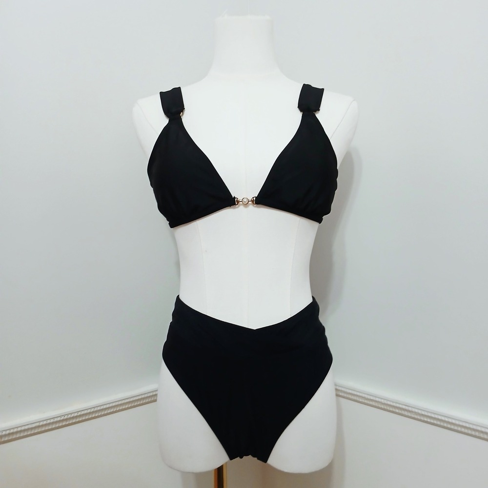 Black Triangle High Waisted Bikini Set Gold Hardware Small NEW